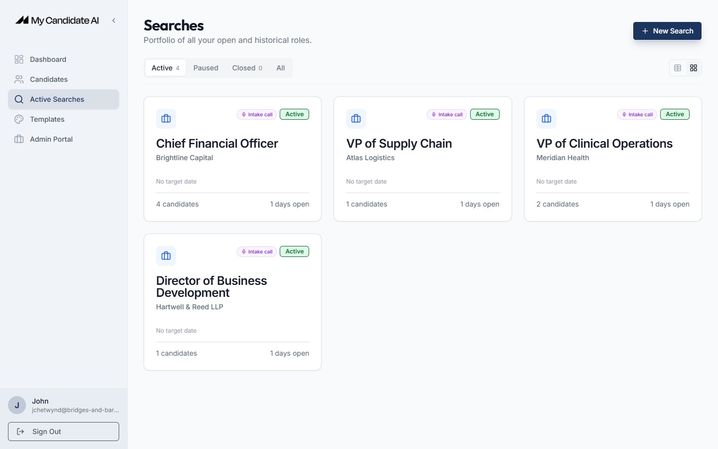 Active searches view inside MyCandidate.ai, showing a mandate loaded with its Role Model.